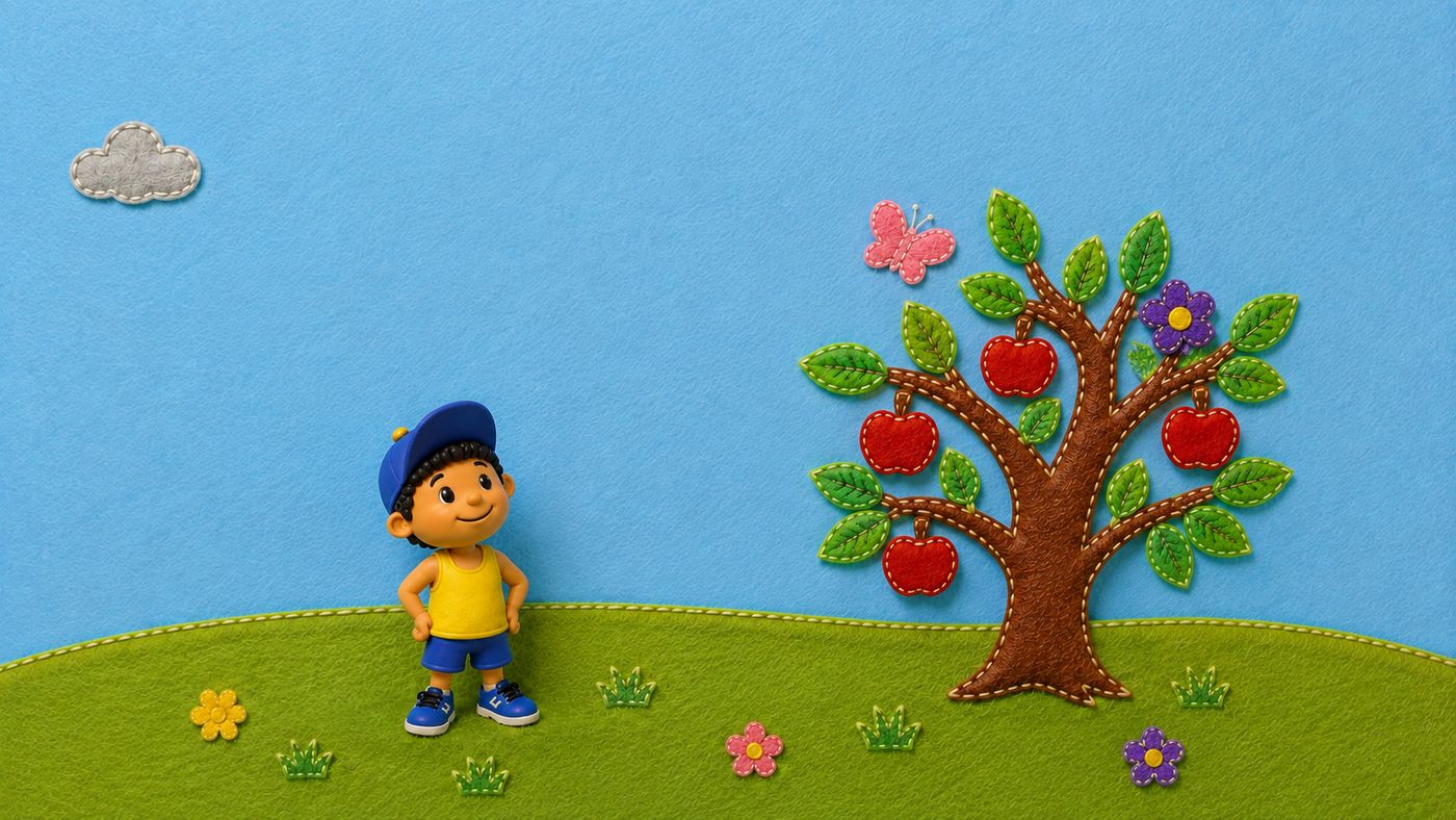 Naluc mirando un árbol de fieltro con manzanas rojas, en un prado verde.