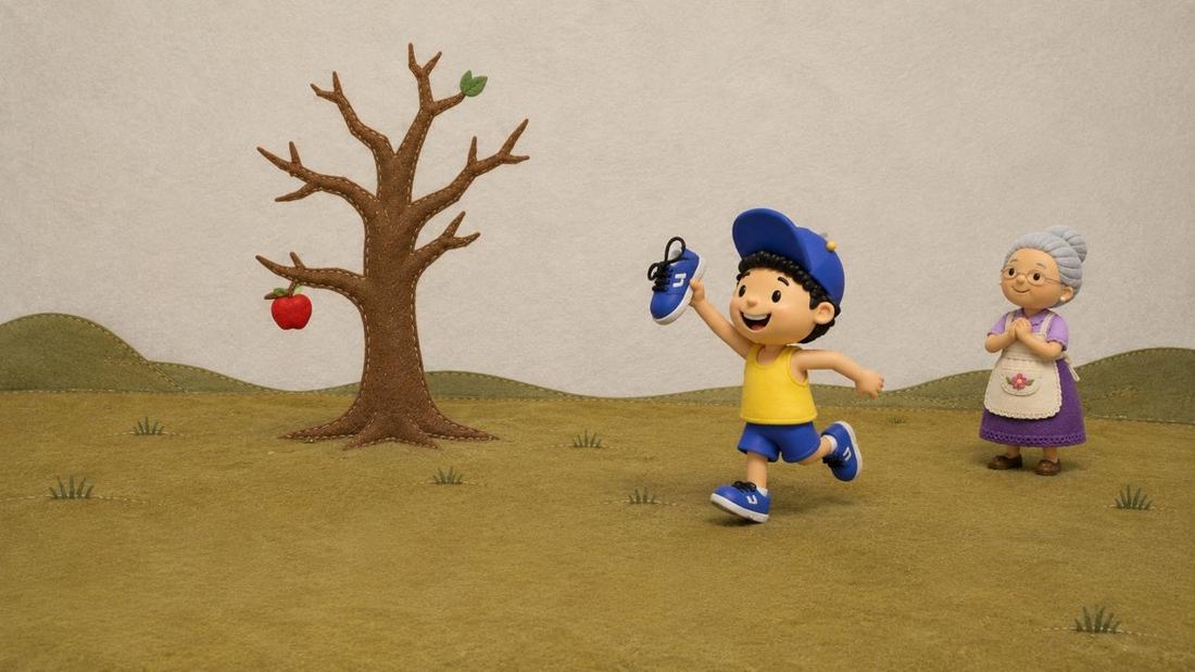 Naluc corre con un zapato en la mano, contento, hacia el árbol.