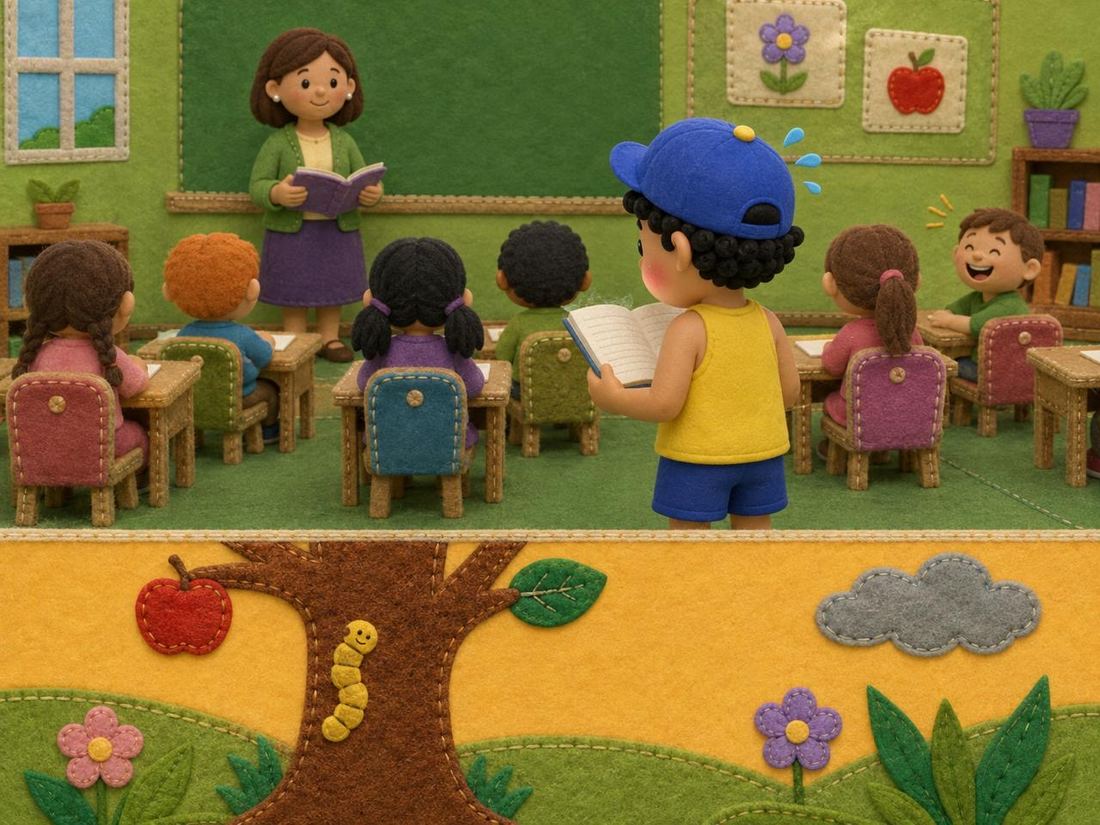 Naluc de pie leyendo en voz alta en clase, visto desde detrás, mientras un niño se ríe al fondo.