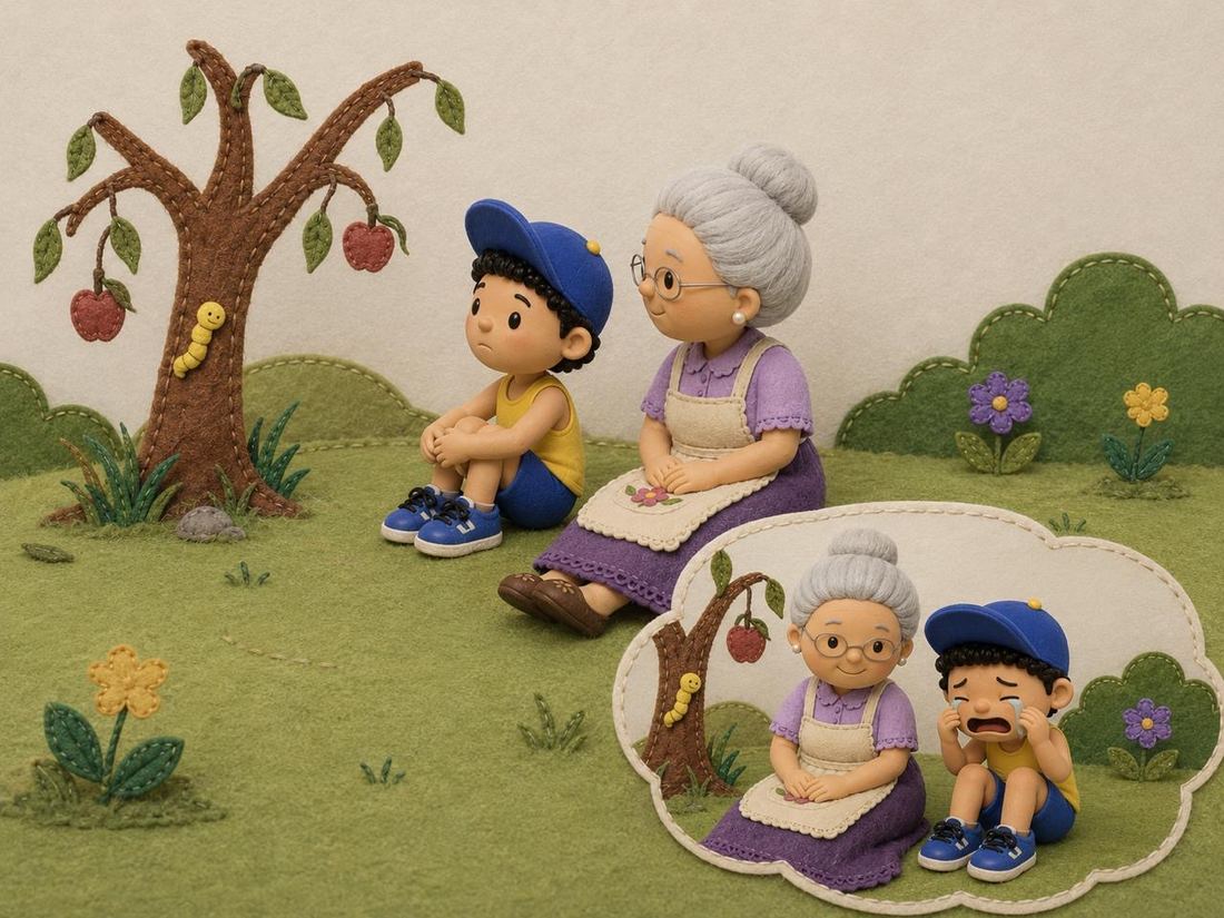 Naluc y su abuela sentados junto al árbol, y Naluc llorando.