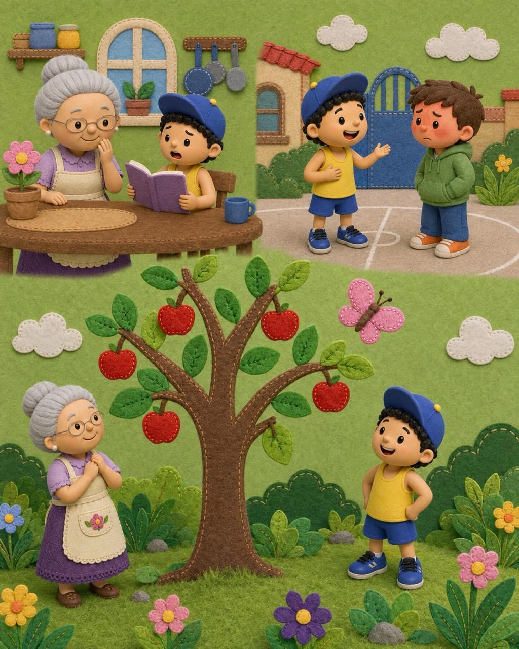 Naluc leyendo con su abuela, hablando con el otro niño, y el árbol sano con una mariposa rosa.
