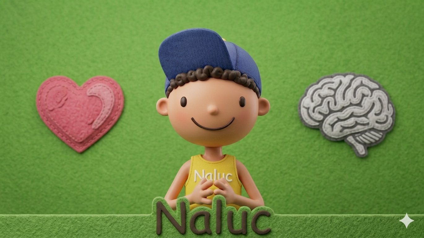 Naluc entre un coraz&oacute;n de fieltro rosa y un cerebro de fieltro gris.
