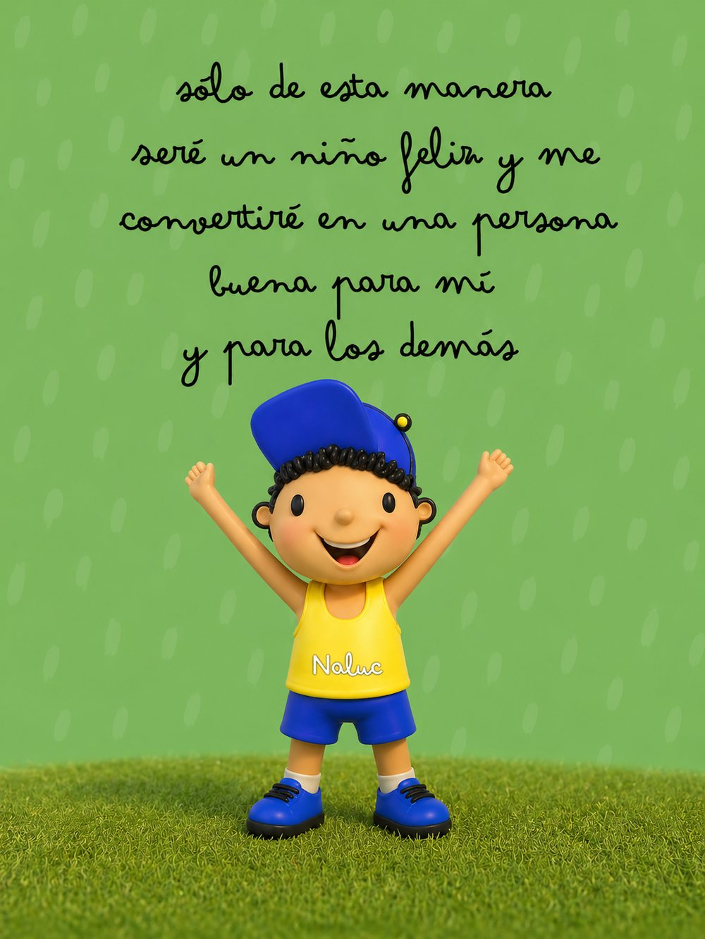 Naluc con los brazos en alto sobre césped, junto a la frase del libro.