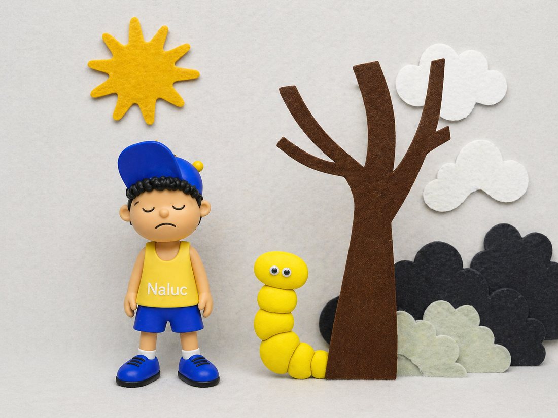 Naluc con gesto triste junto a un gusano amarillo, un &aacute;rbol sin hojas y nubes oscuras.