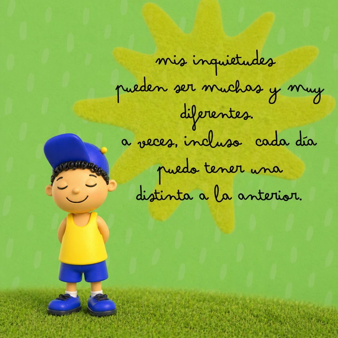 Naluc con los ojos cerrados y gesto sereno, junto a un sol de fieltro y una frase del libro.