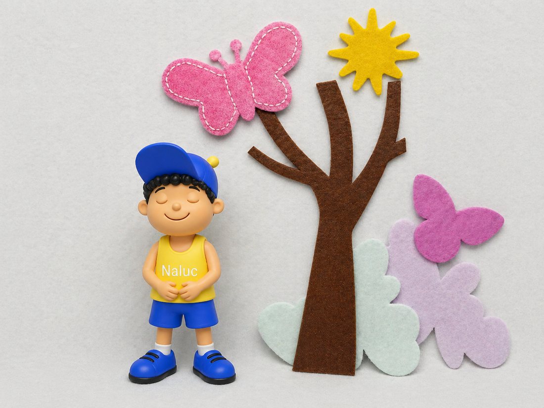 Naluc sereno y sonriente junto a una mariposa rosa de fieltro, un &aacute;rbol y el sol.