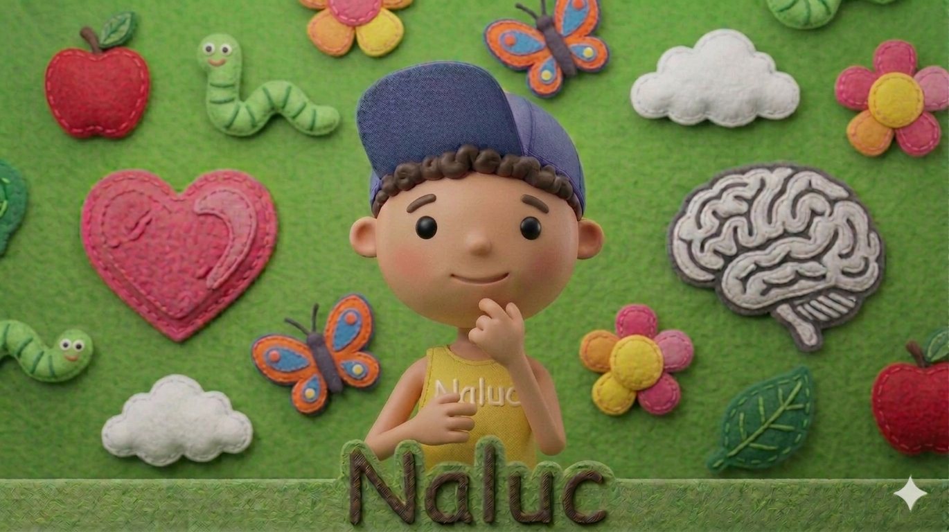 Naluc, un niño con gorra azul y camiseta amarilla con su nombre, rodeado de las figuras de fieltro del método: manzana, gusano, mariposa, nube, flor, hoja, corazón y cerebro.