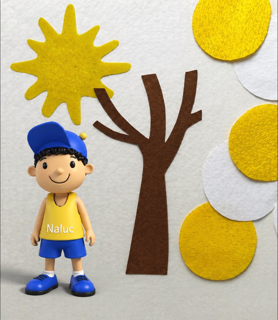 Naluc junto a un &aacute;rbol de fieltro, un sol y varios c&iacute;rculos amarillos y blancos.
